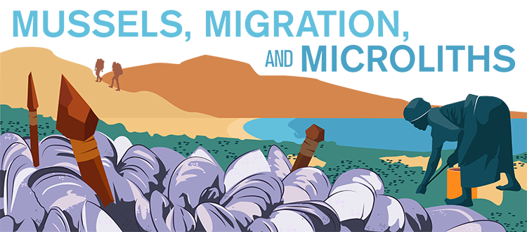 Someone collecting mussels on a beach, two hikers behind her, and microliths among the mussels